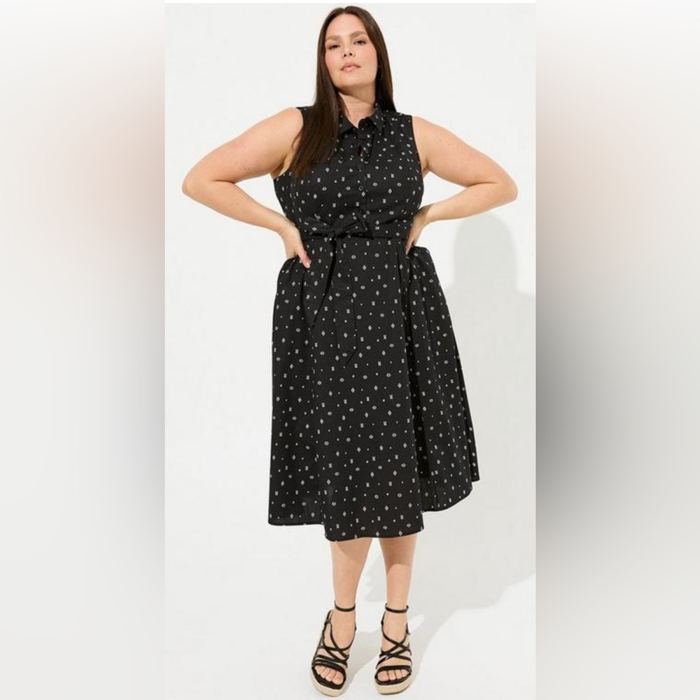torrid Black Sleeveless Midi Dress with White Dot Print